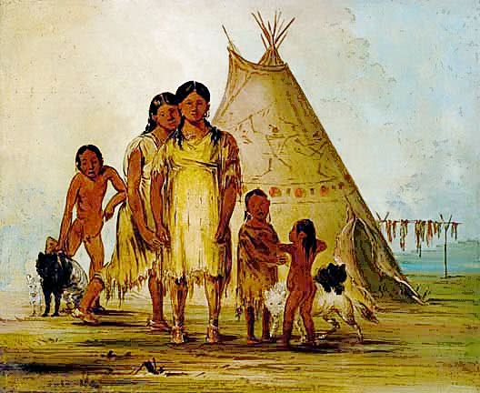 Comanche family outside teepee