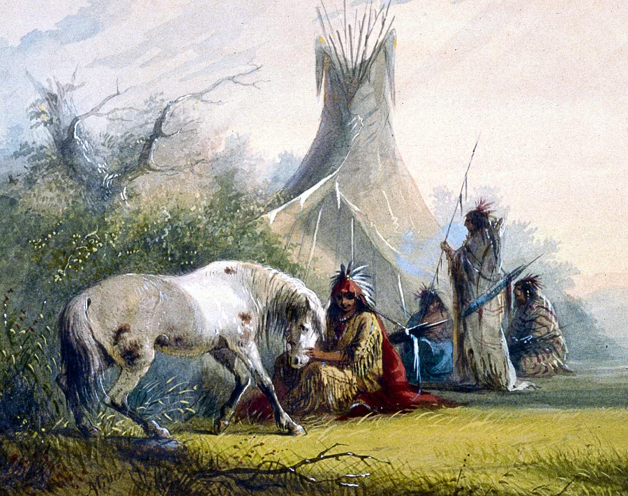 Shoshone Indian and his pet horse