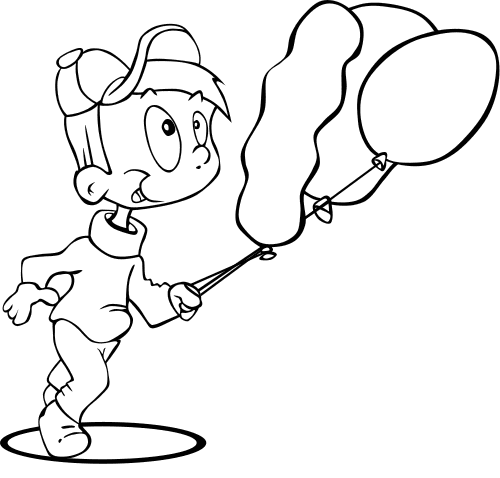 boy running with balloons BW