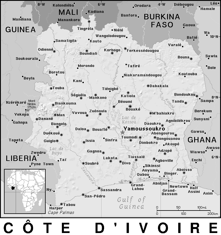 Cote d Ivoire  Ivory Coast detailed BW