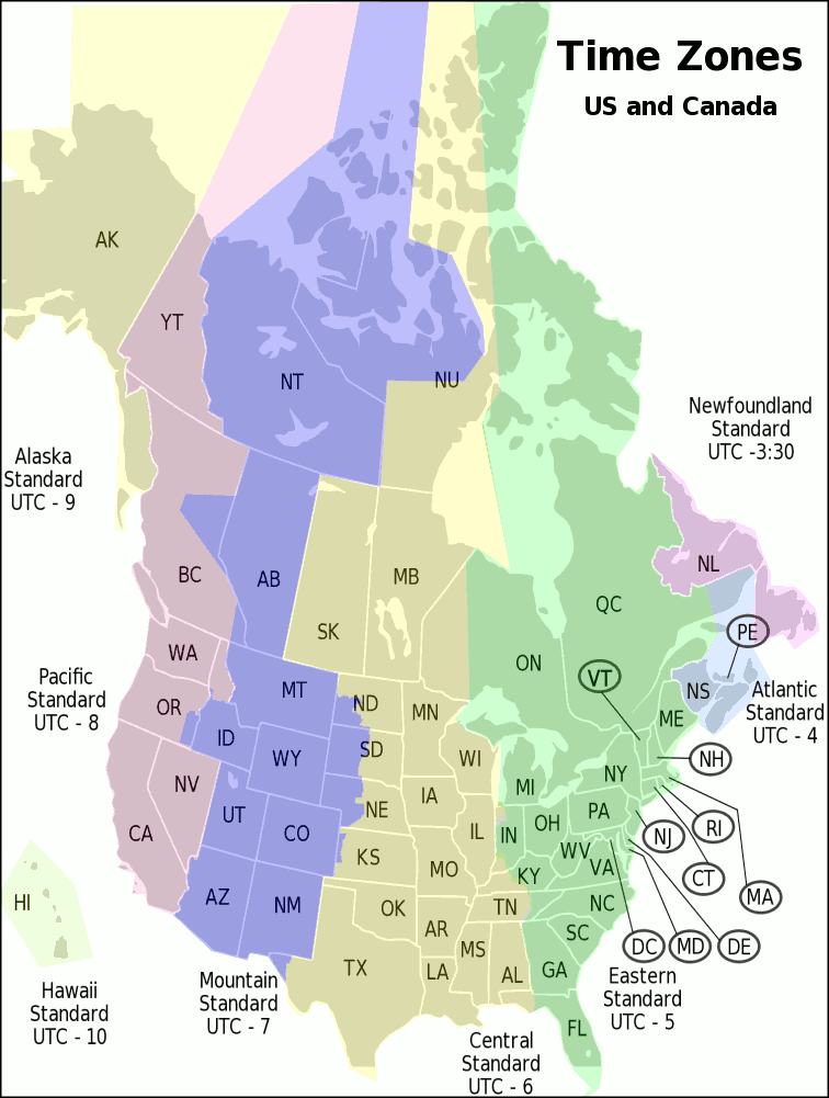 map of time zones in canada. USA Canada time zone map