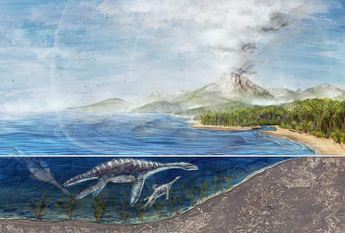 plesiosaur and volcano
