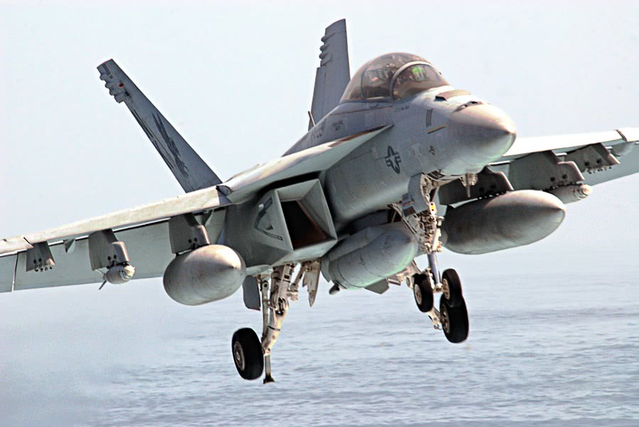 Armed Super Hornet approaching landing