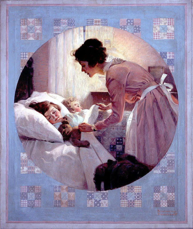 Rockwell  Mother Tucking Children into Bed 1921