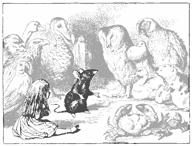 Mouse telling story to birds and Alice