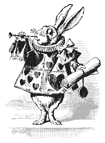 White Rabbit dressed as herald blowing trumpet