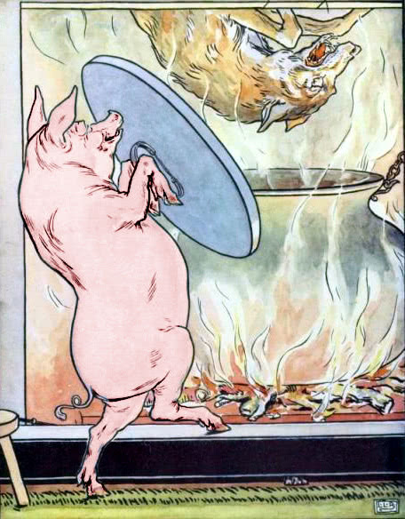 three little pigs  wolf lands in the cooking pot