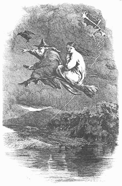 witch taking young lady on broomstick