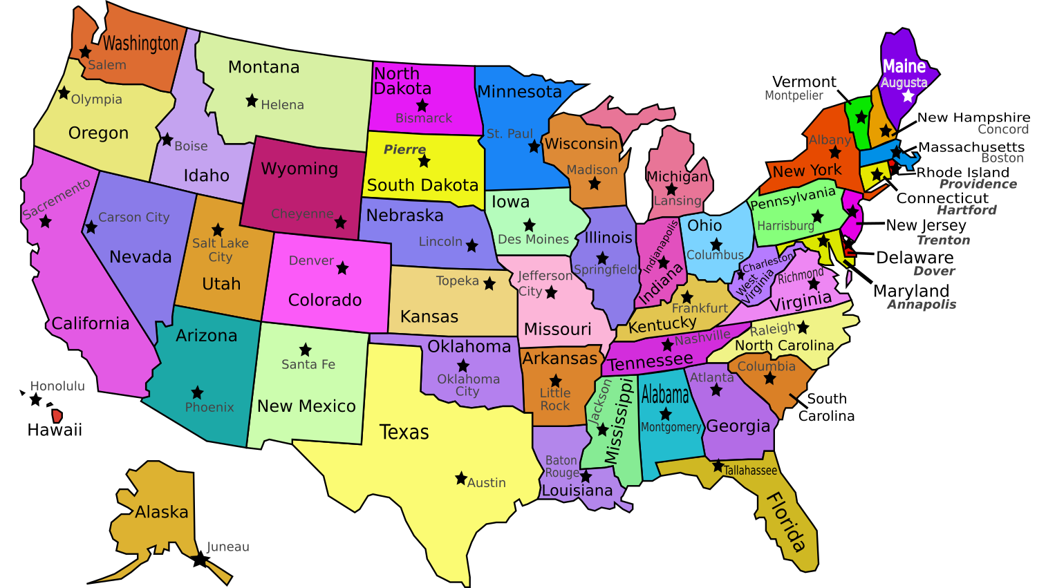 USA states labeled with capitols