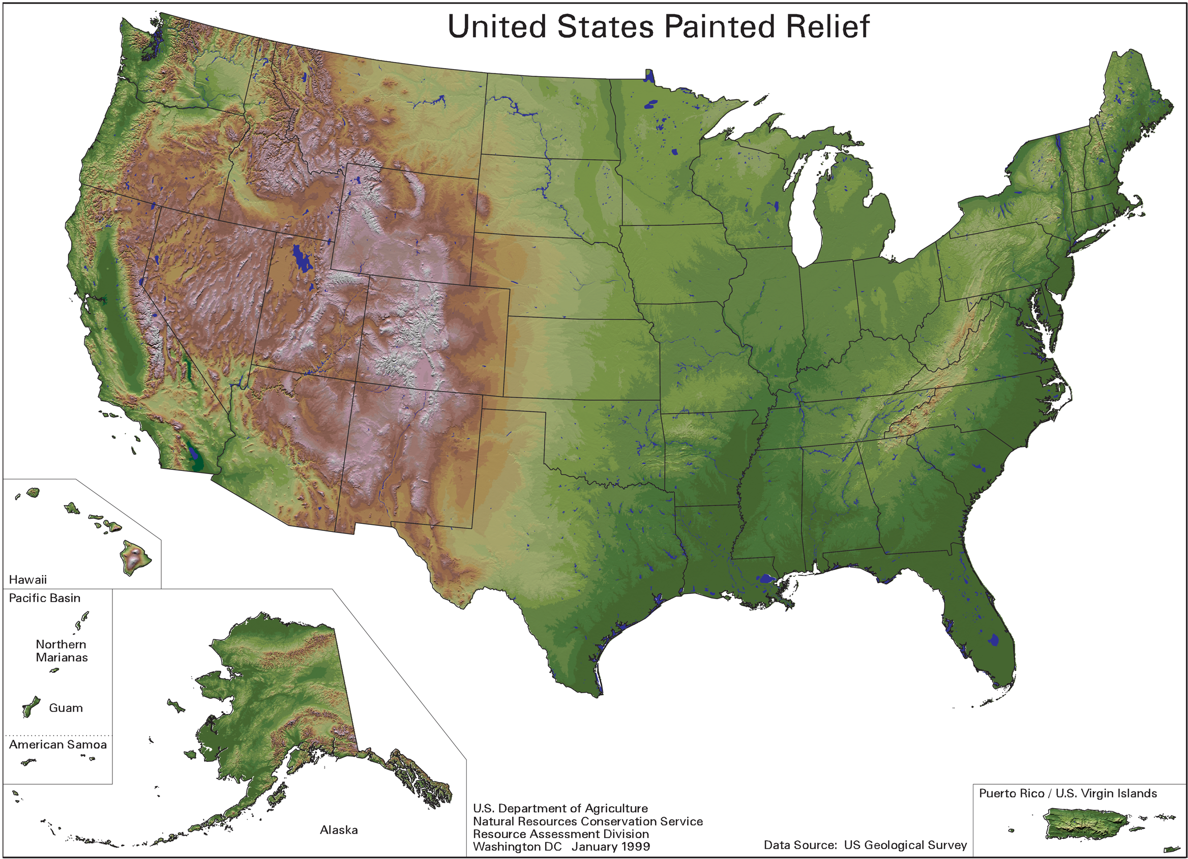 United States painted relief map
