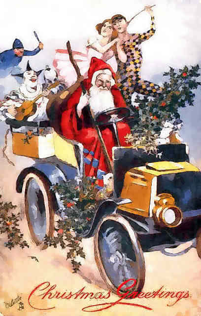 Santa w clowns in car 1907