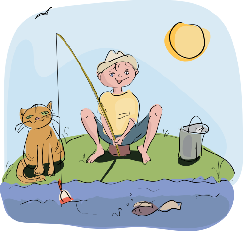 boy and cat fishing