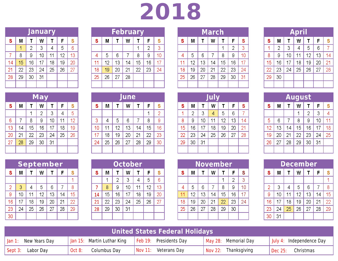2018 calendar w holidays