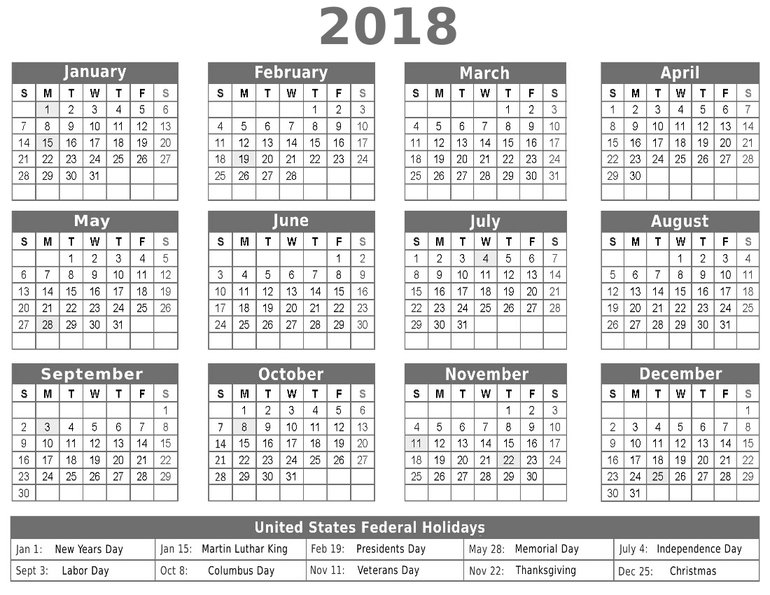 2018 calendar w holidays BW