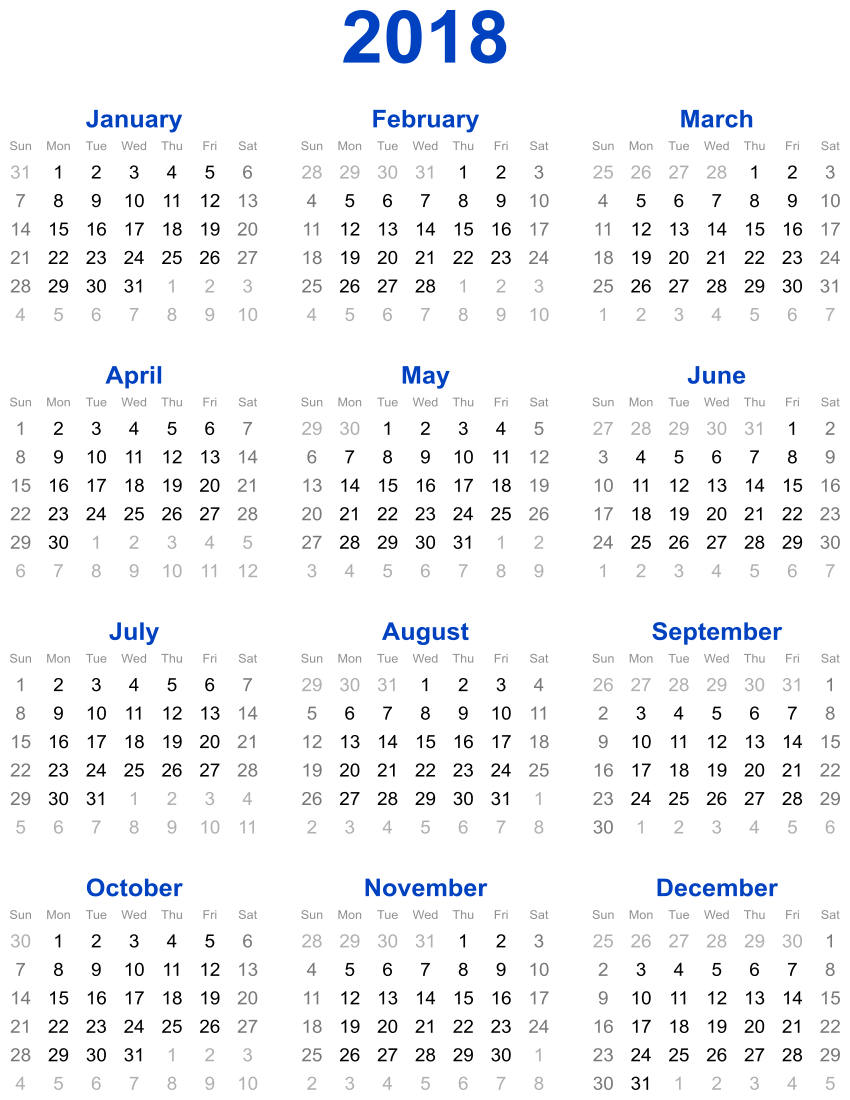 Calendar 2018 vertical blue
