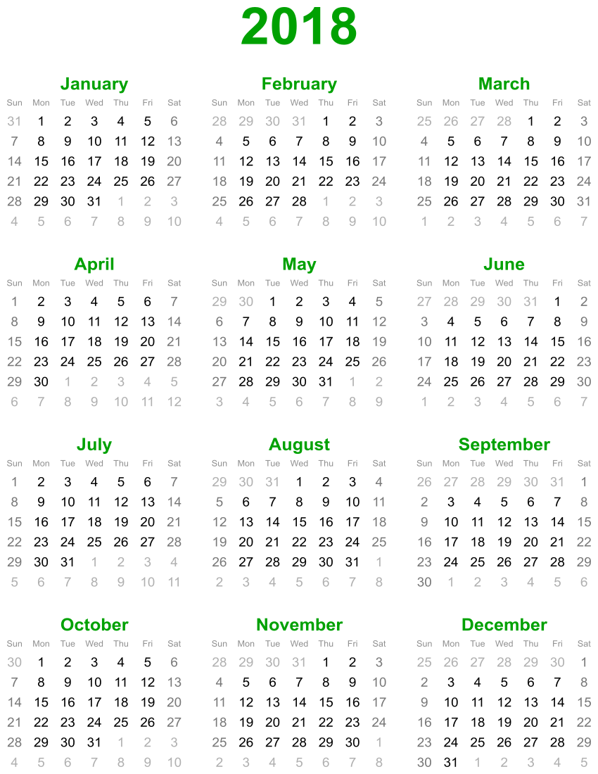 Calendar 2018 vertical green