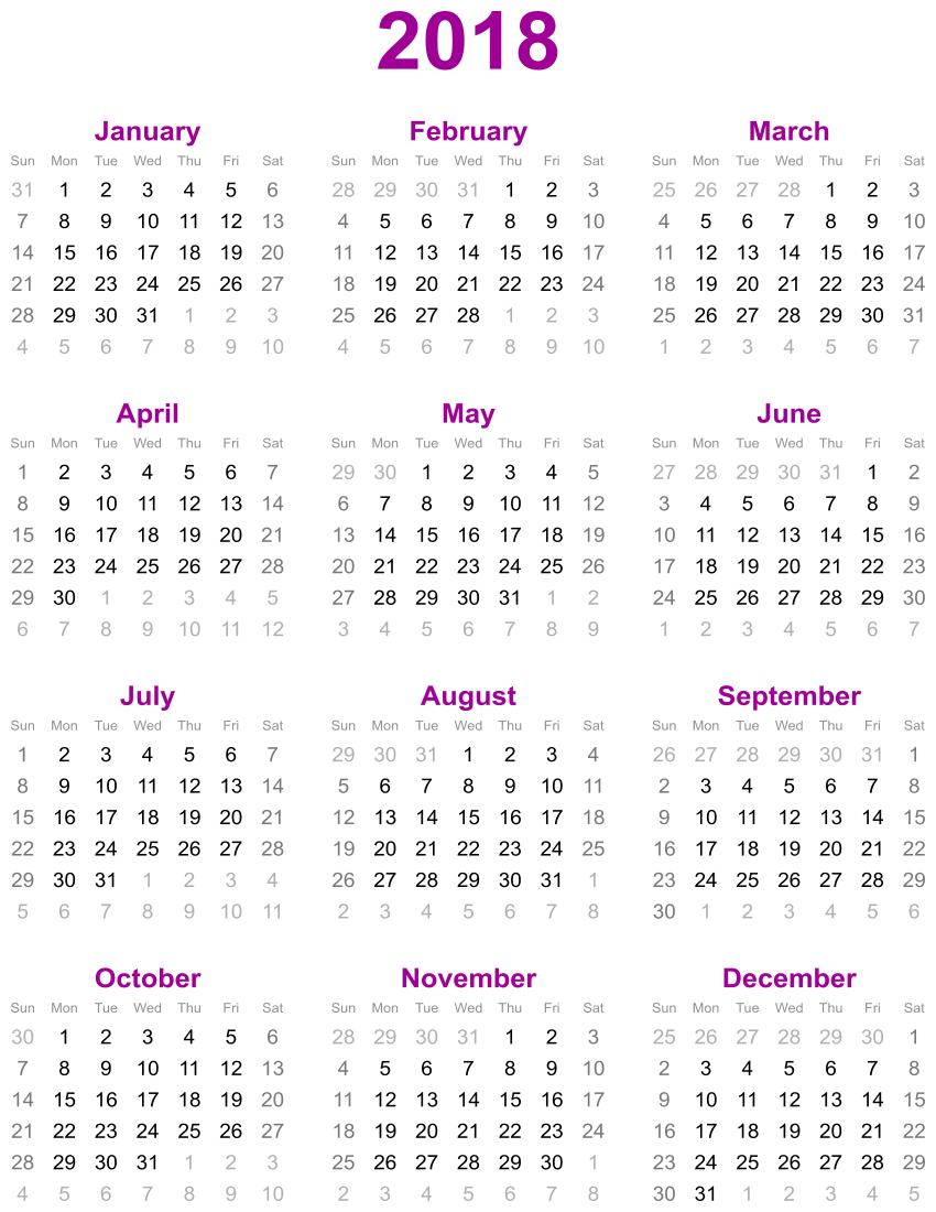 Calendar 2018 vertical purple