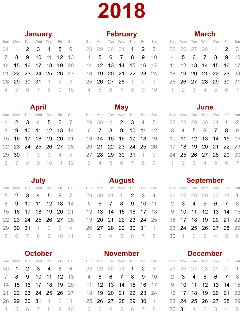 Calendar 2018 vertical red